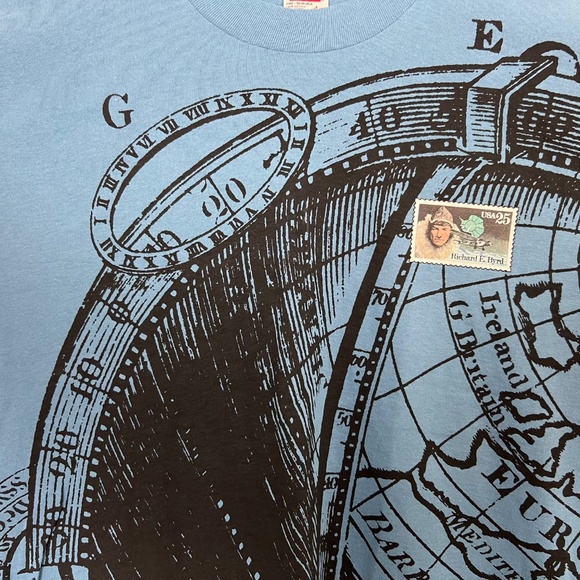 Vintage Anvil Blue Globe Map Richard Byrd Single Stitch Cotton Graphic Tee USA L - Picture 2 of 6